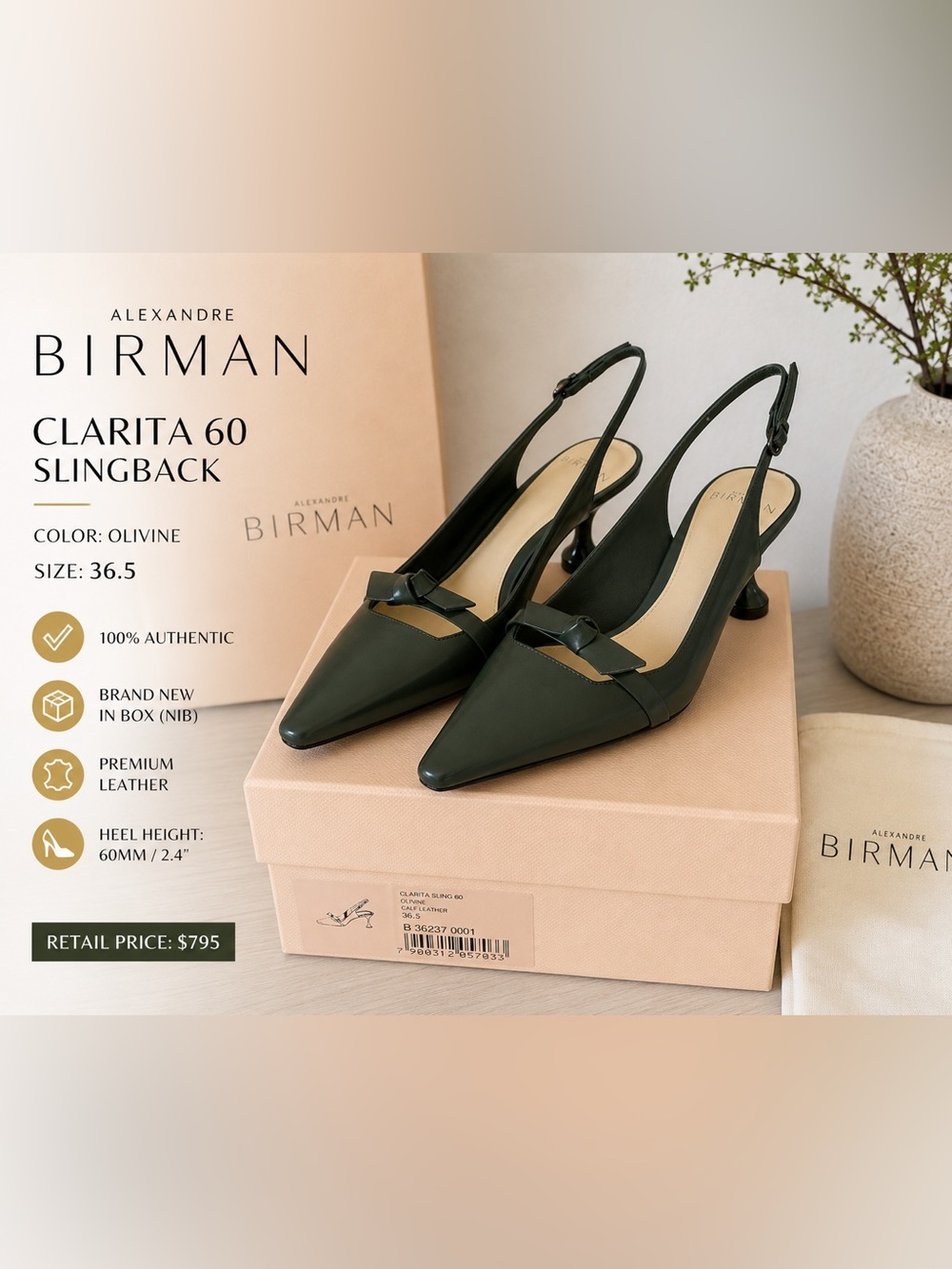 NIB Alexandre Birman Olivine Leather
Clarita Slingback Heels 36.5